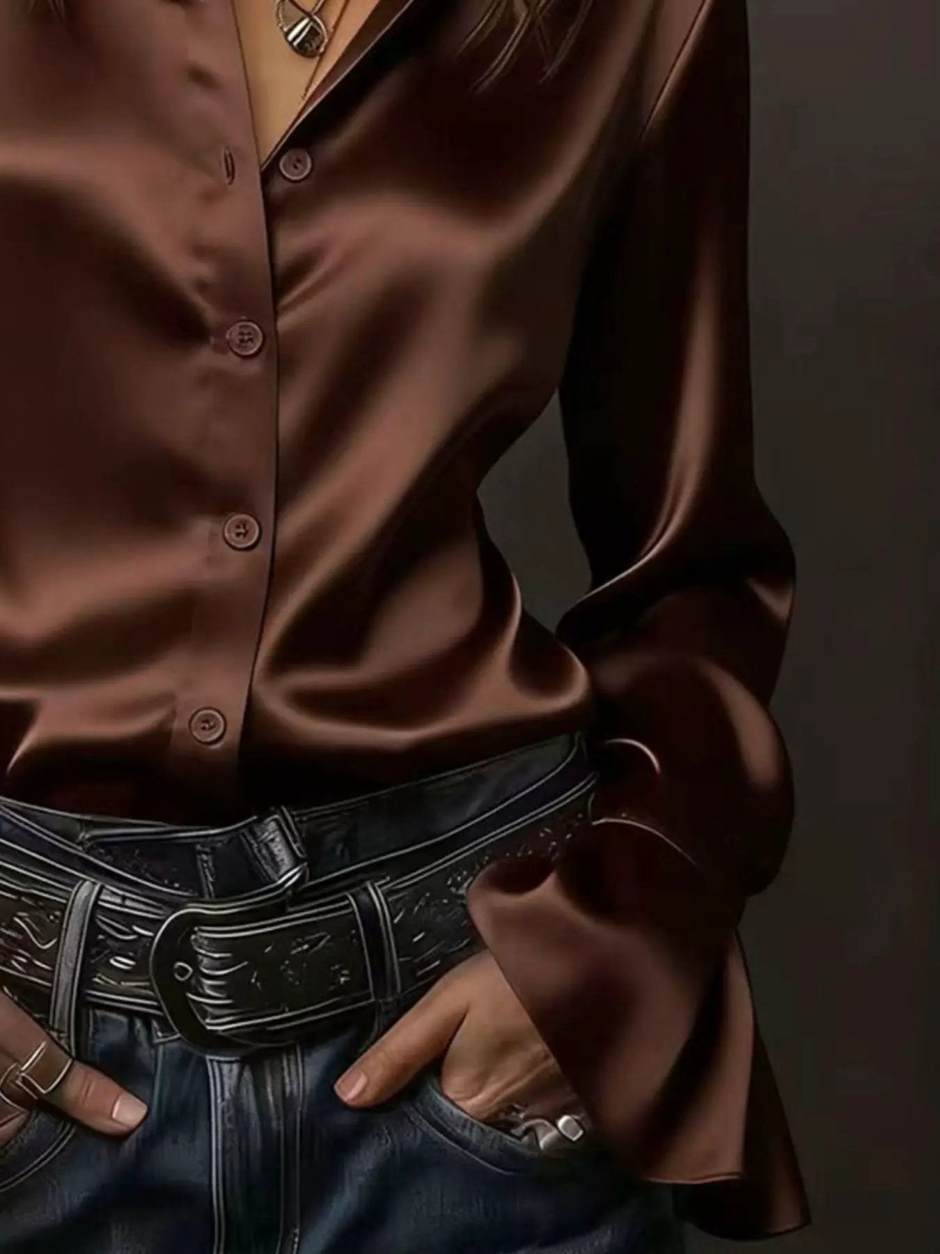 Button Up Shirt with front buttons in rust satin and ruched details