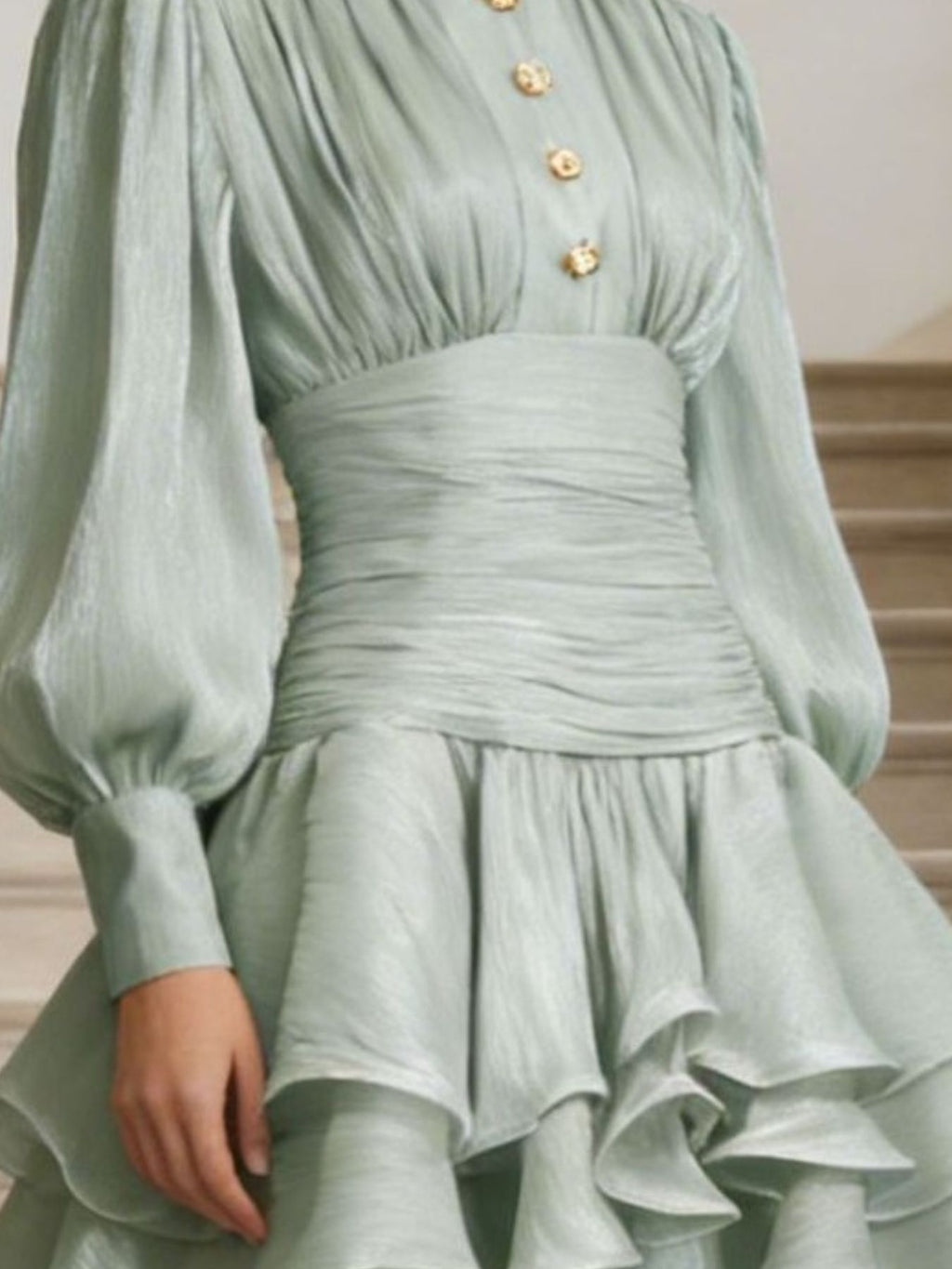 Ruffled Layered Lantern-Sleeve Mini Dress by Belle Bijouix in sage green; buttoned front, ruched waist.