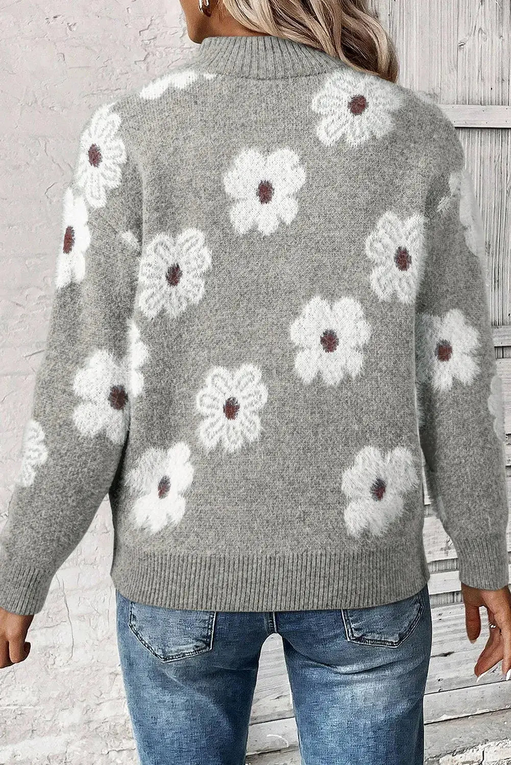 Flower Half Zip Long Sleeve Sweater by Belle Bijouix; grey knit with white daisies and brown centers.