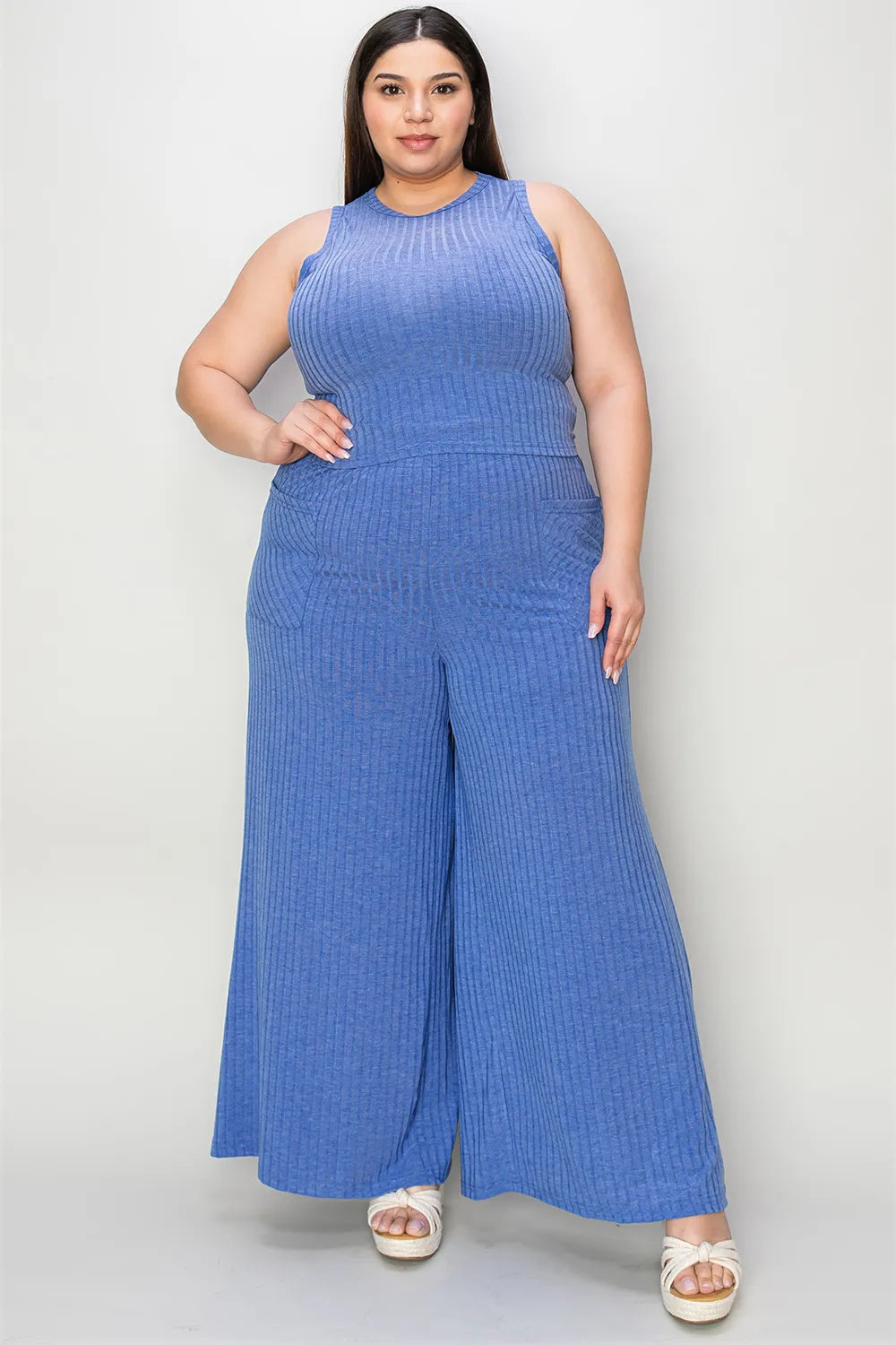 Basic Bae ribbed tank and wide-leg pants outfit in blue on a model