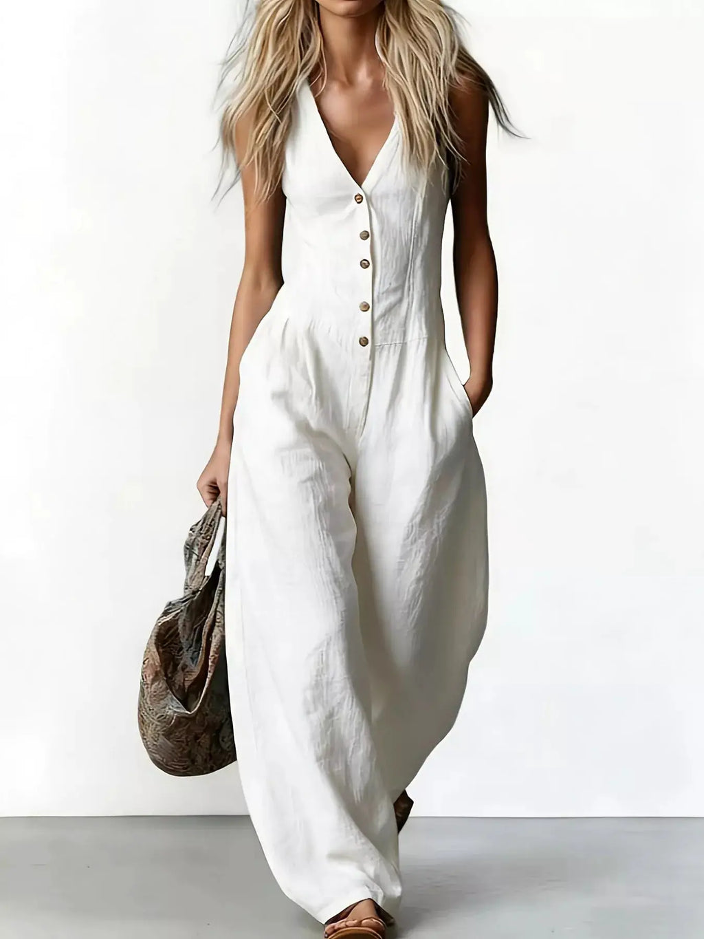 V-Neck Button-Down Wide-Leg Jumpsuit with Pockets in white