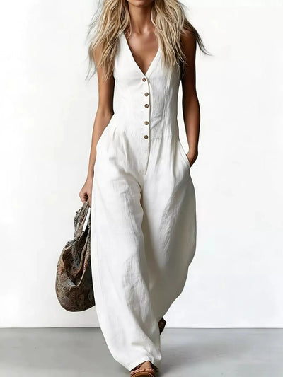 V-Neck Button-Down Wide Leg Jumpsuit with Pockets