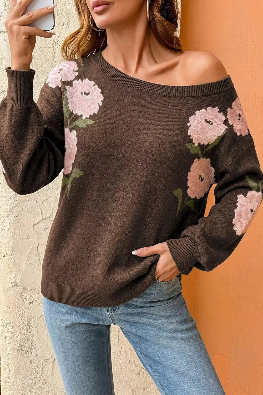 Floral Print Drop Shoulder Relaxed Sweater by Trendsi in brown knit with pink floral print