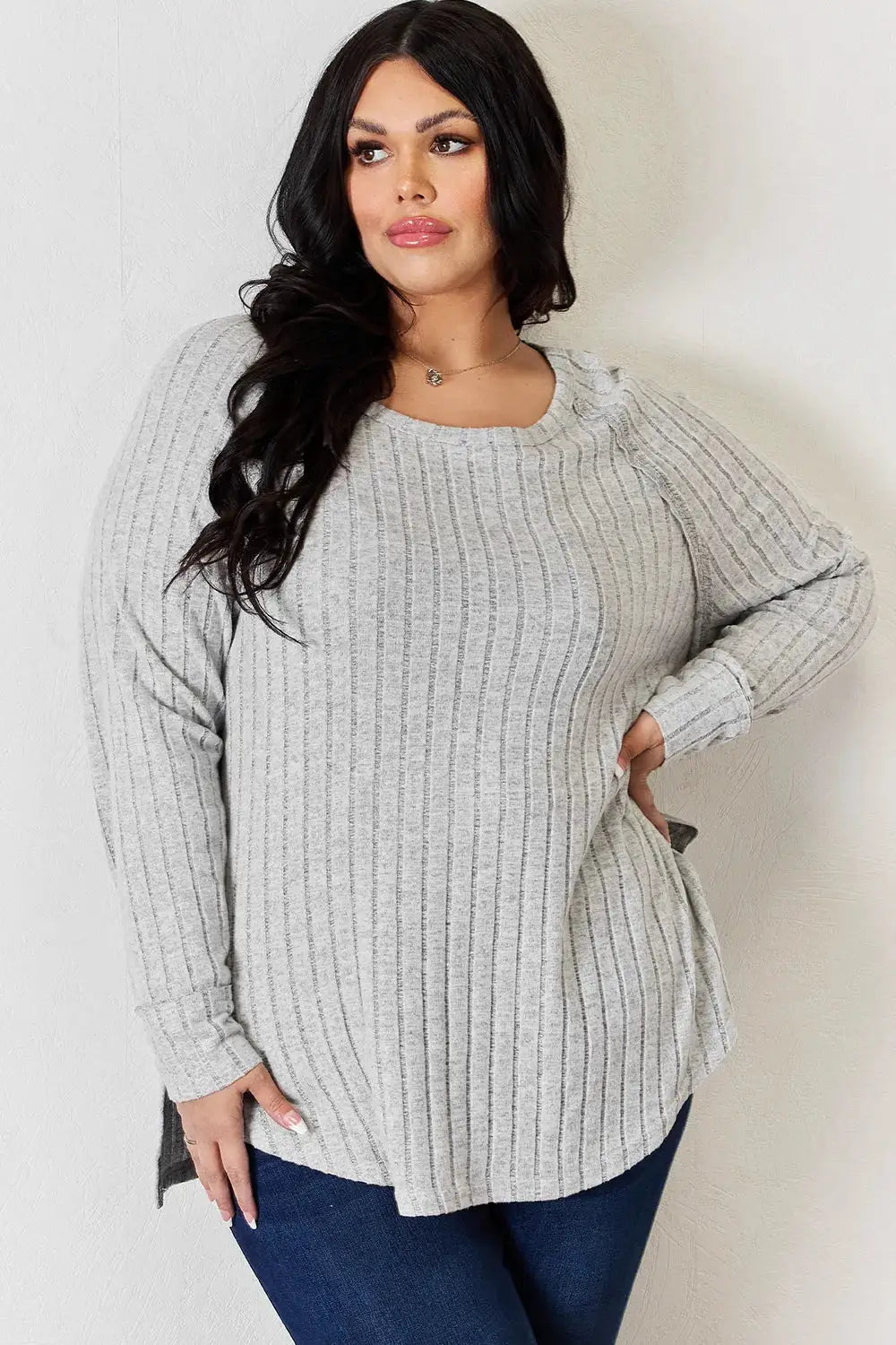 Basic Bae ribbed round-neck long-sleeve T-shirt in gray with side slit