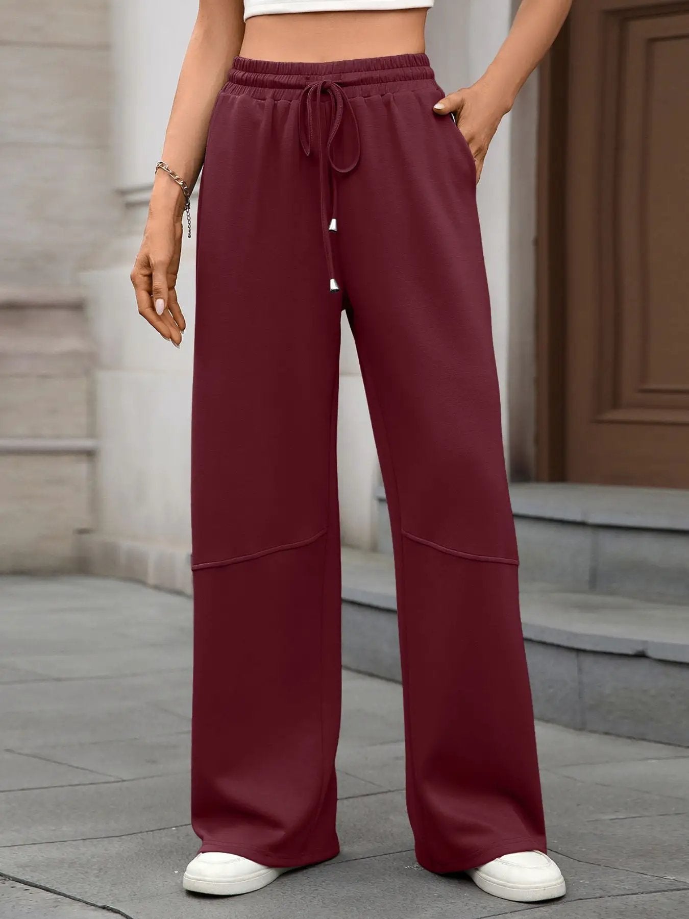 Drawstring high-waist wide-leg pants in burgundy by Trendsi