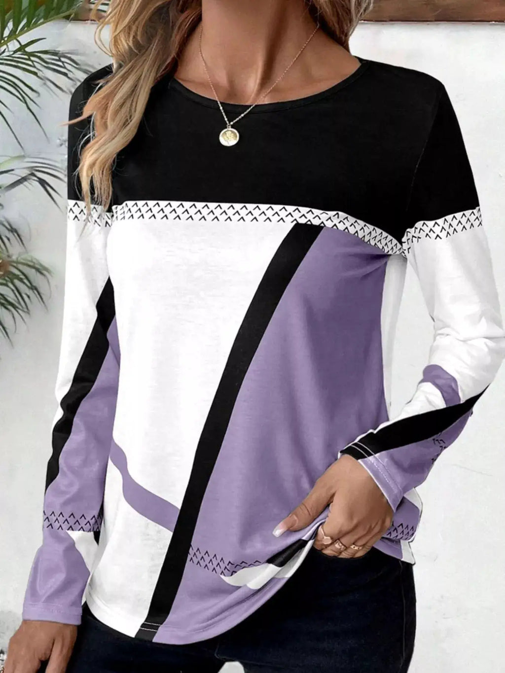 Color Block Long Sleeve T-Shirt in black, white and lavender with a diagonal black stripe.