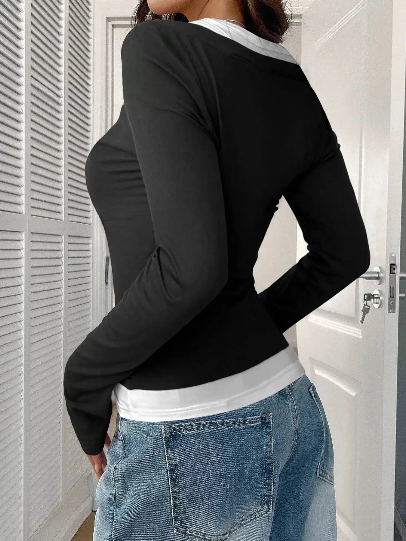 Scoop Neck Long Sleeve T-Shirt in black with white neckline and hem trim