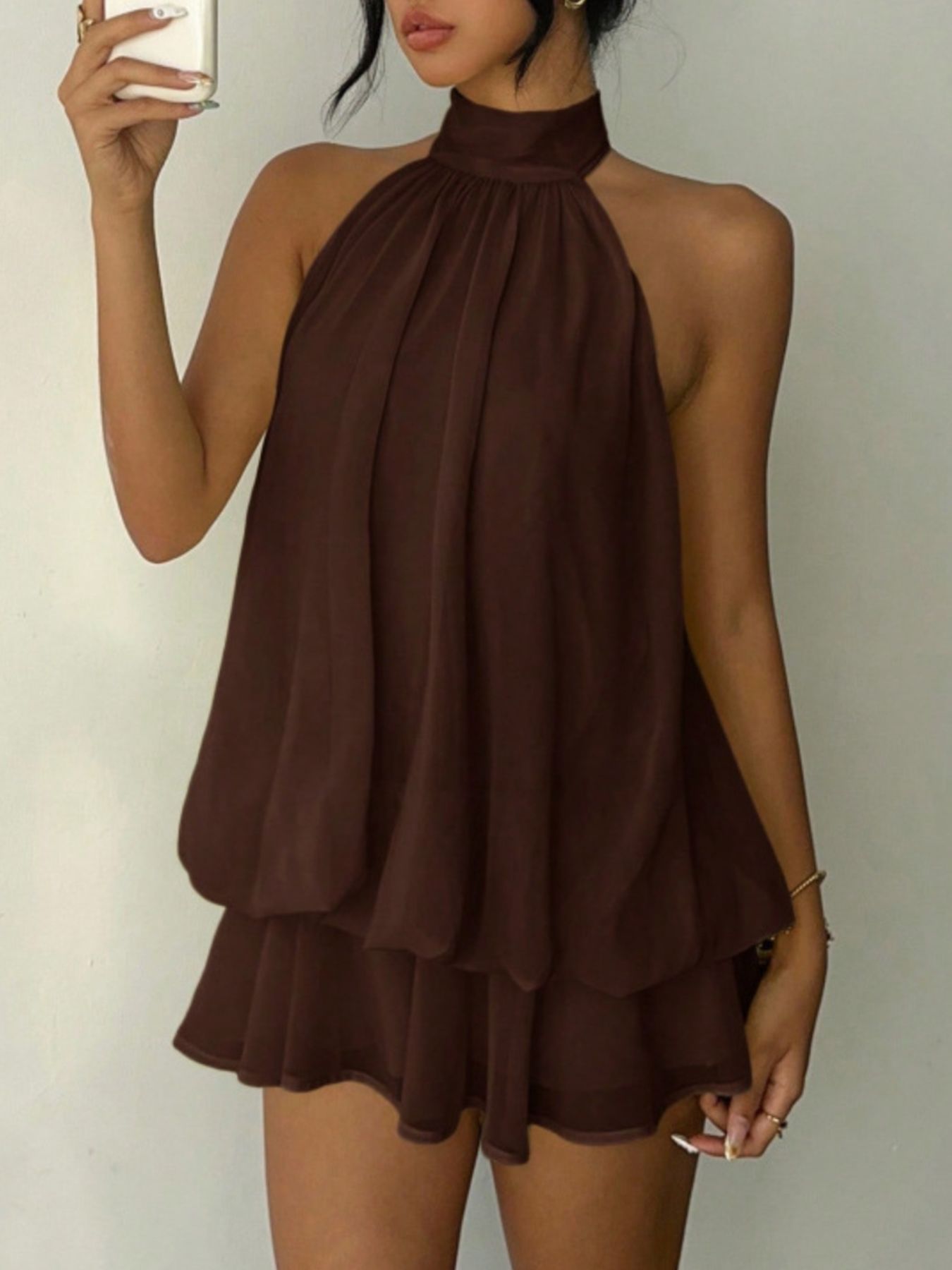 Halter Neck Layered Mini Dress by Bellebijouix in brown chiffon with tiered, flowing layers