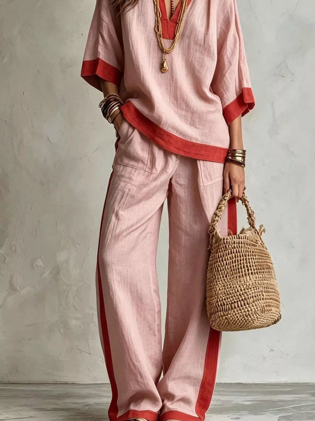 Contrast-Trim Top and Wide-Leg Pants Set