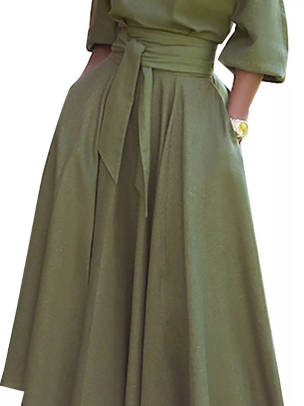 Boat Neck Tie Waist Dress by Trendsi in olive green with waist tie and pleated skirt