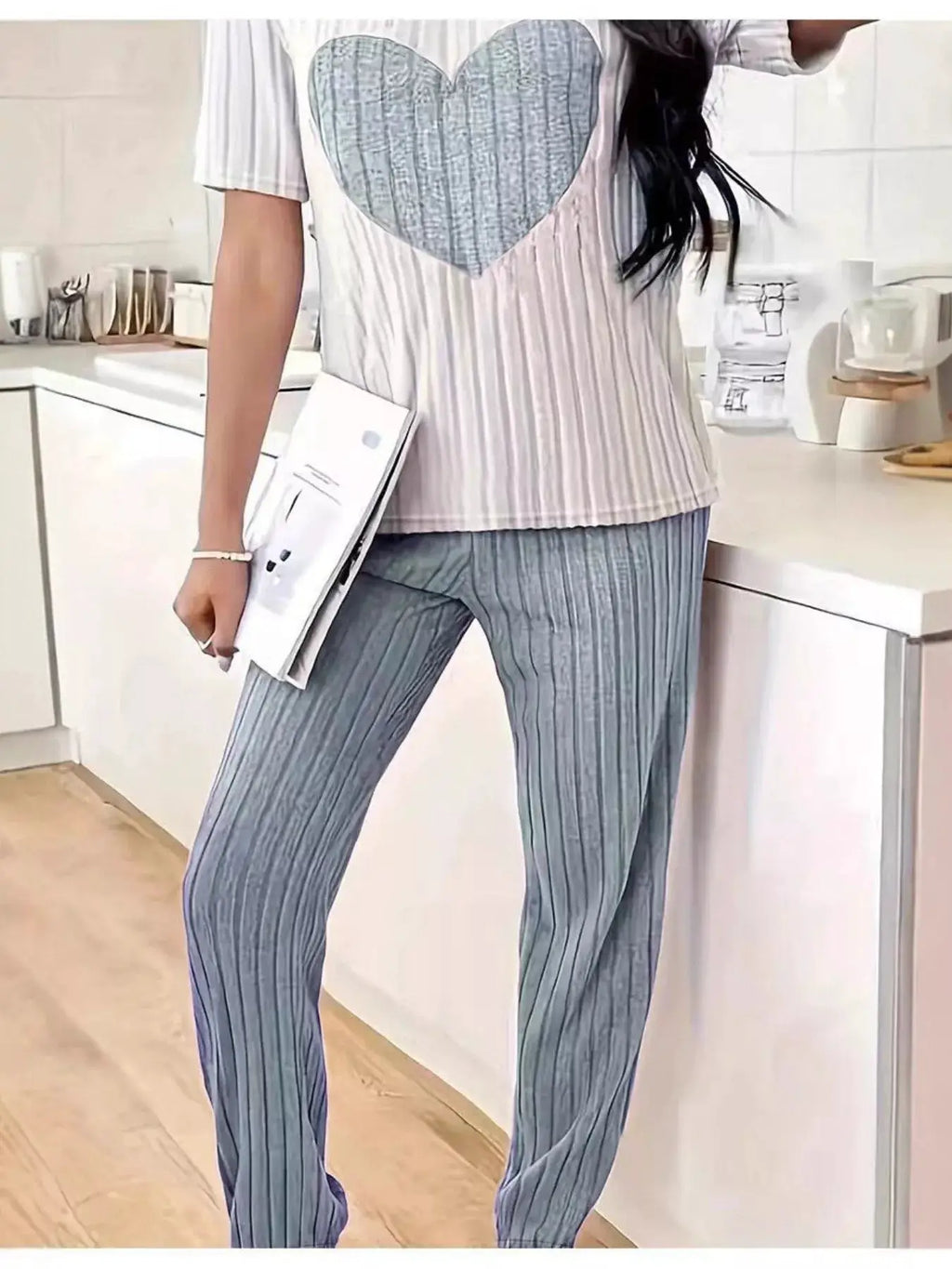 Belle Bijouix heart ribbed knit lounge set; light grey top with heart and blue-gray ribbed pants