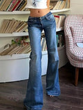 Low Rise Flare Jeans by Belle Bijouix in blue denim with pockets
