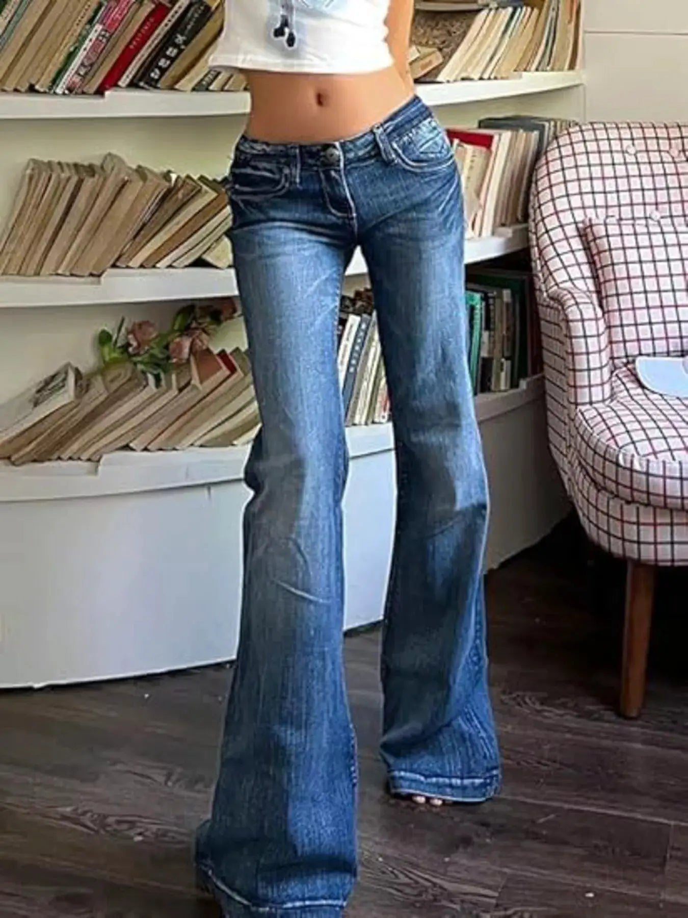 Low Rise Flare Jeans by Belle Bijouix in blue denim with pockets