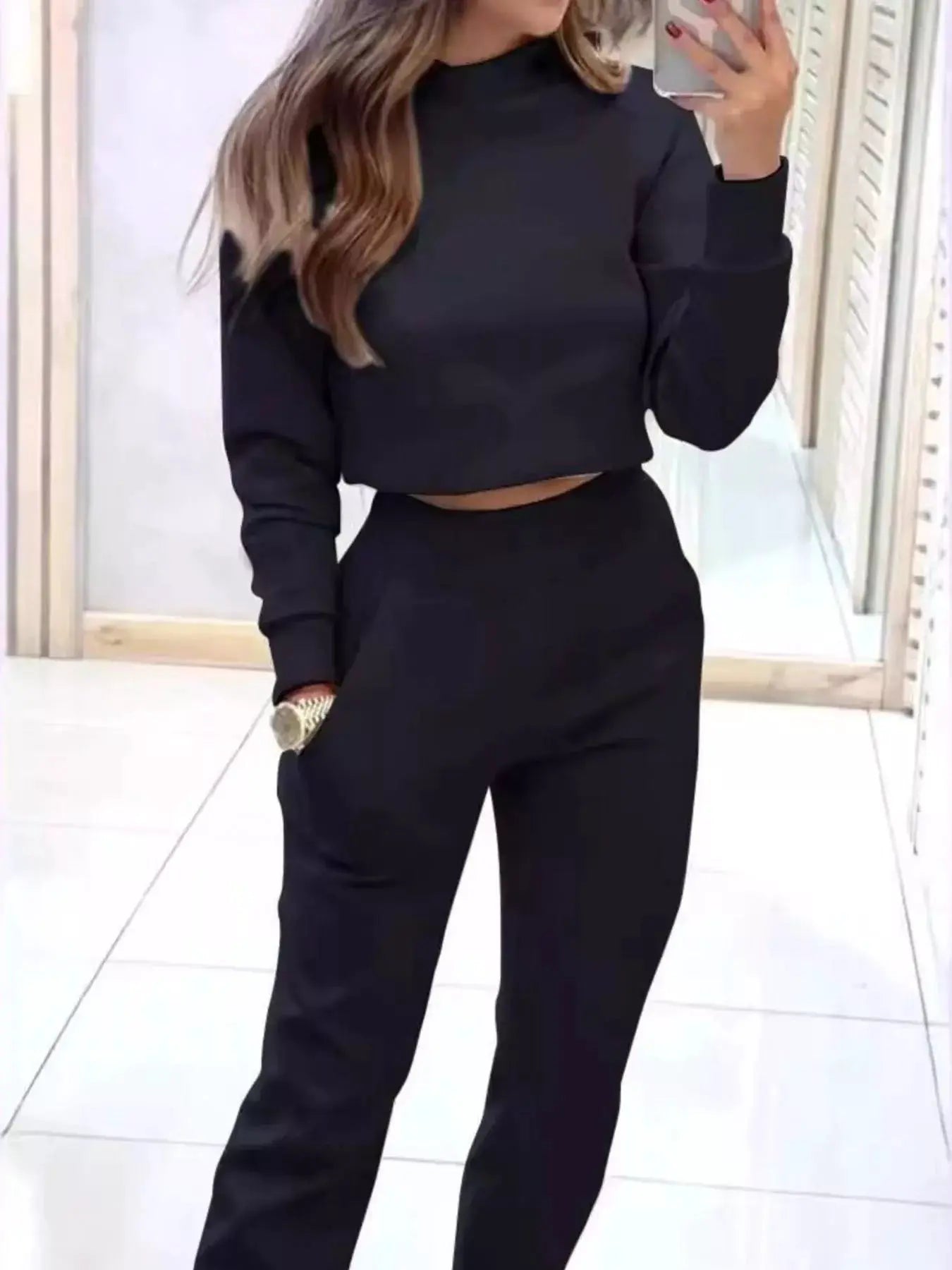 Casual Chic Cropped Sweatshirt and Jogger Set in black by Belle Bijouix