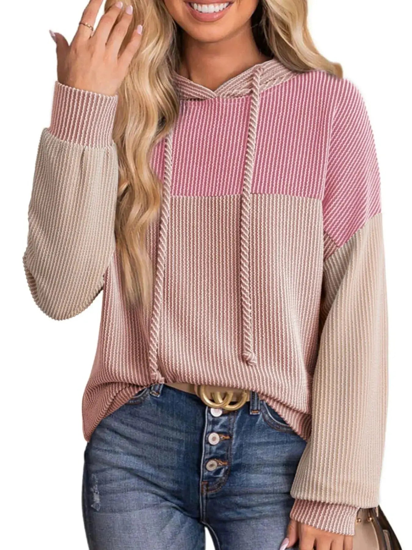 Drawstring color-block long sleeve hoodie in pink and beige, ribbed knit, Belle Bijouix