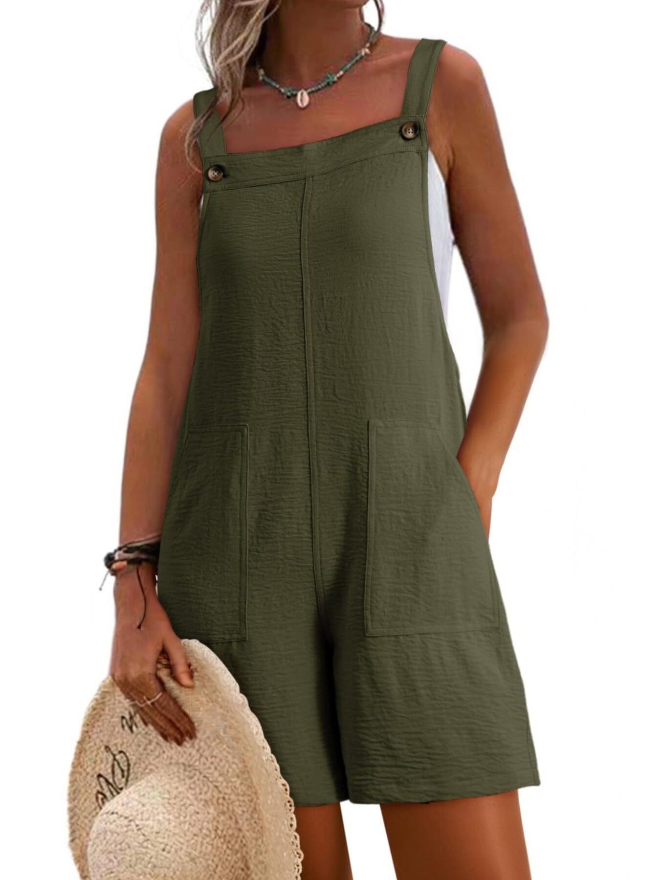 Casual olive-green wide-strap overalls with pockets; buttoned front for a relaxed one-piece outfit