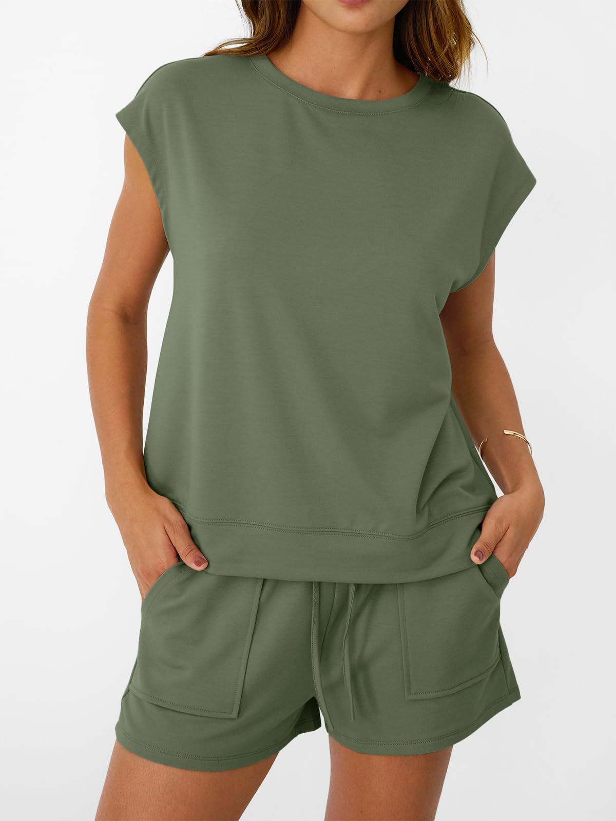 Round Neck Cap Sleeve Top and Shorts Set in olive green, casual loungewear.
