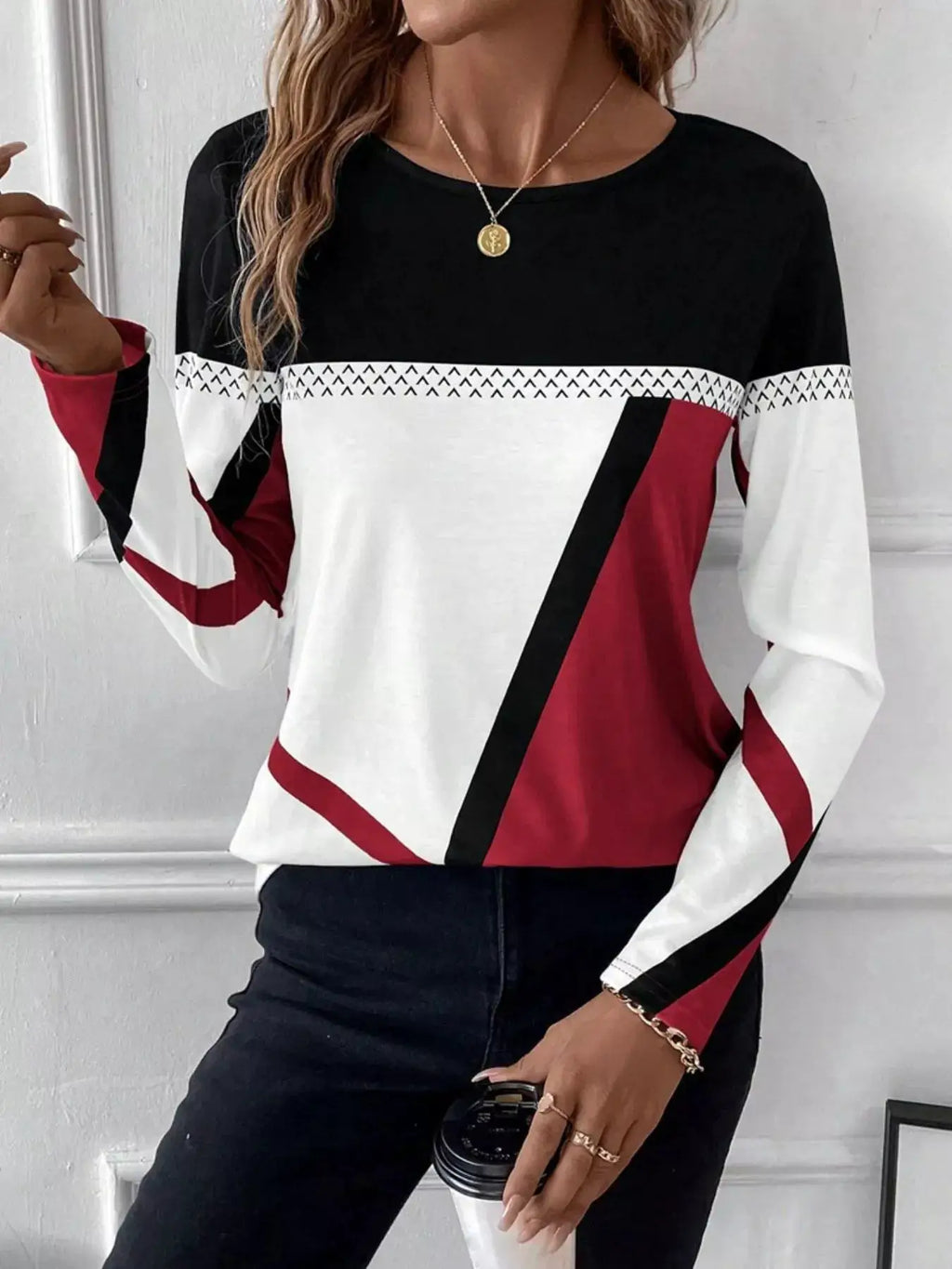 Color Block Long Sleeve T-Shirt with black, white, and burgundy panels and diagonal stripe accents for casual wear.