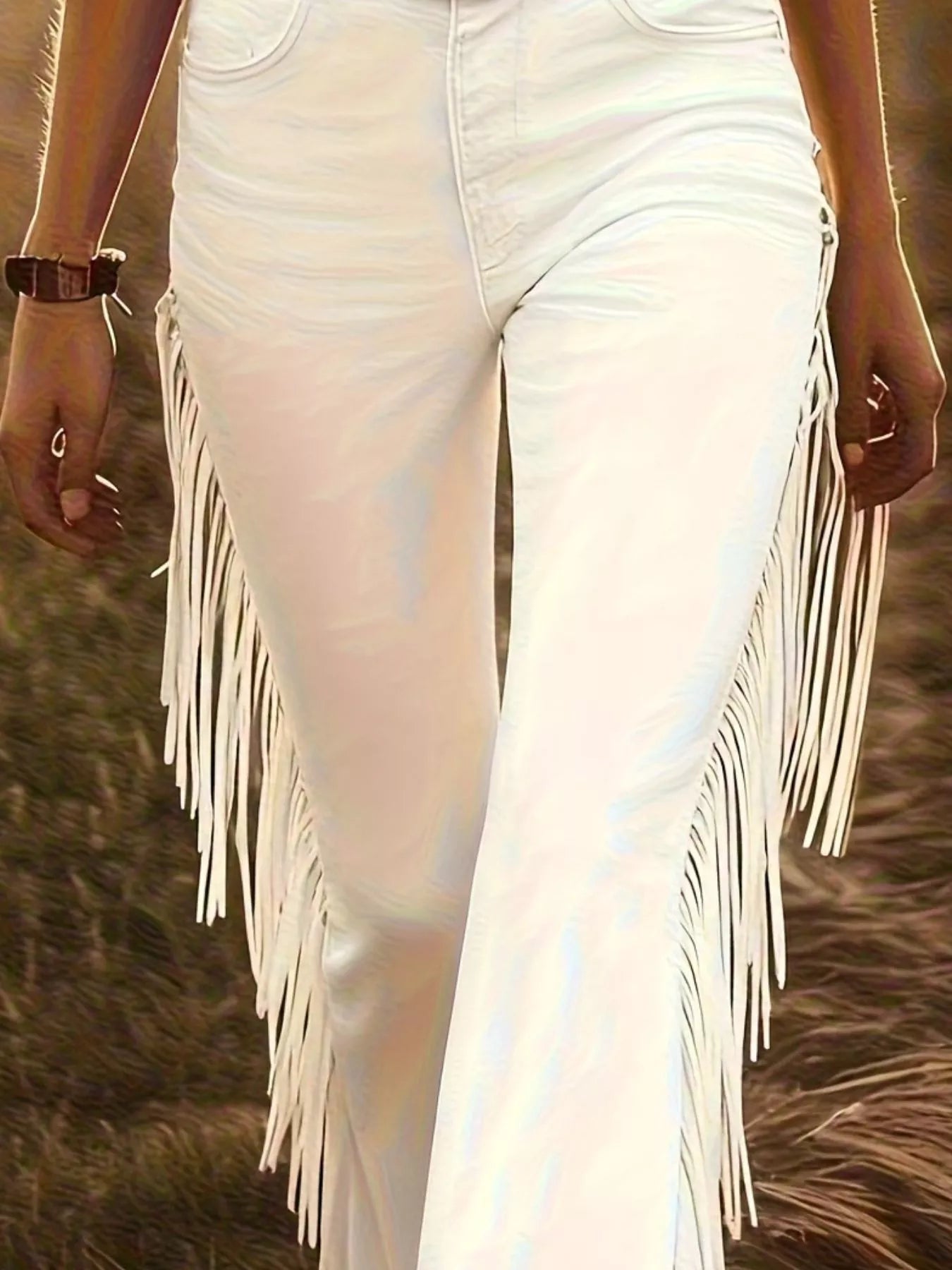 Fringe Trim Flare Pants by Trendsi in white with fringe side panels