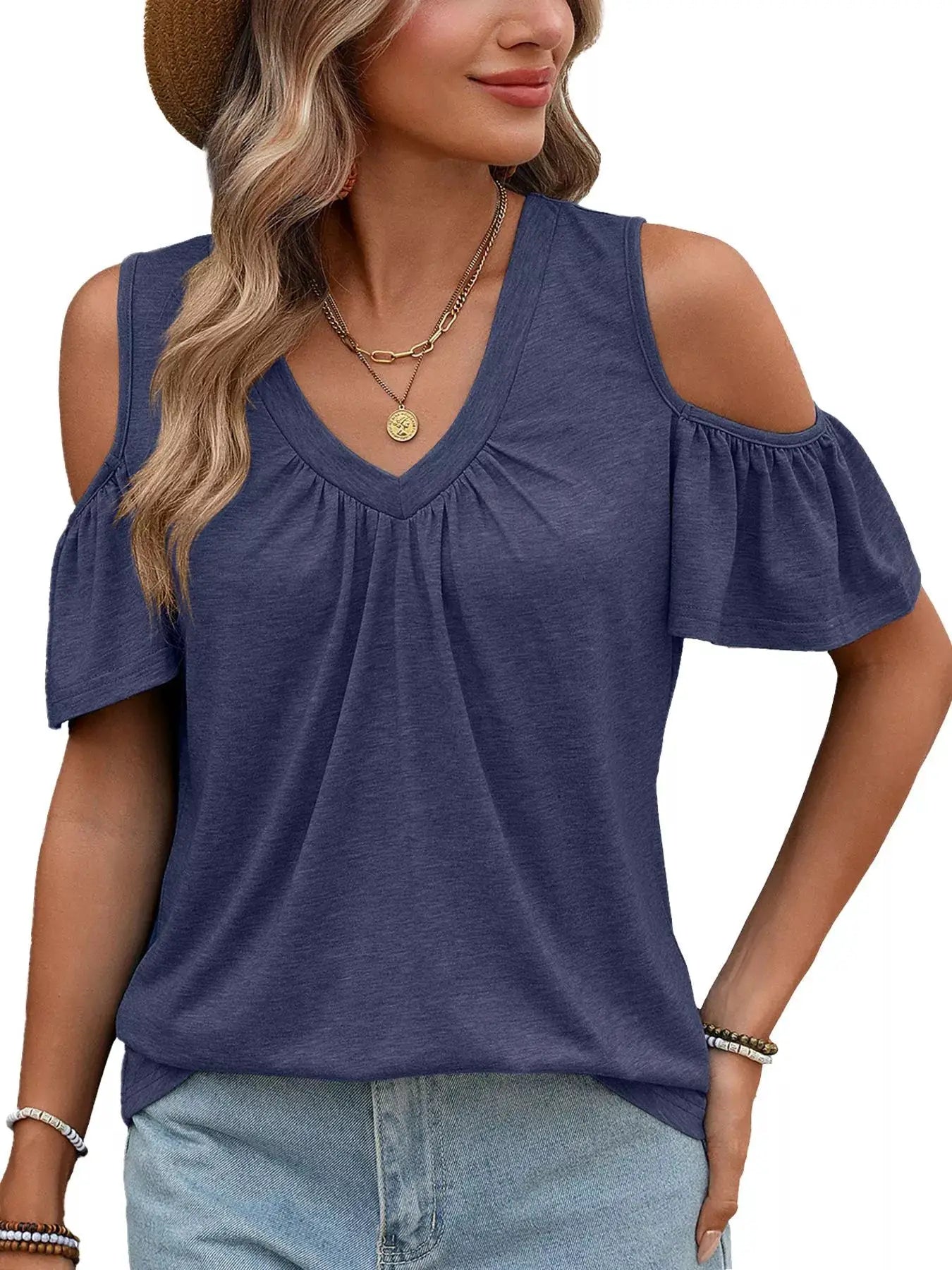 Blue cold-shoulder V-neck T-shirt with cut-out shoulders.