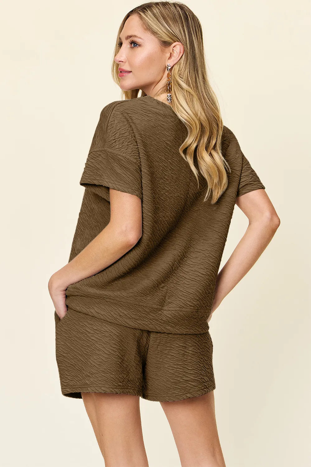 Double Take textured brown short-sleeve T-shirt and drawstring shorts loungewear set by Belle Bijouix