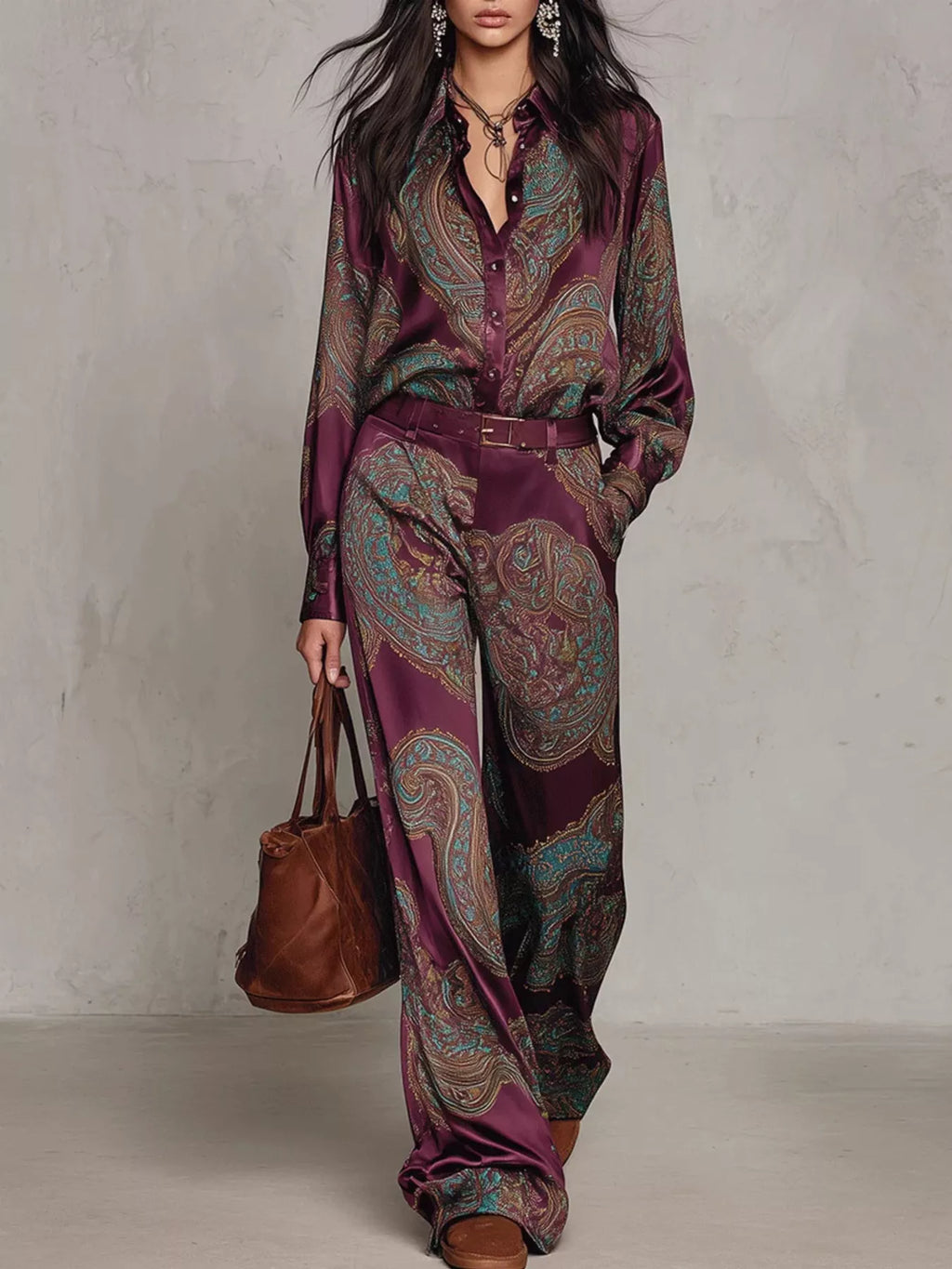 Front view of burgundy paisley long-sleeve shirt and wide-leg pants set