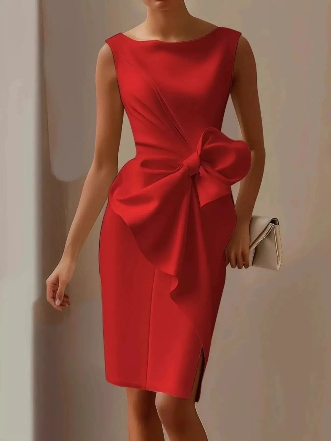 Belle Bijouix red bow-detail sleeveless dress, ruched silhouette with slit, 100% polyester