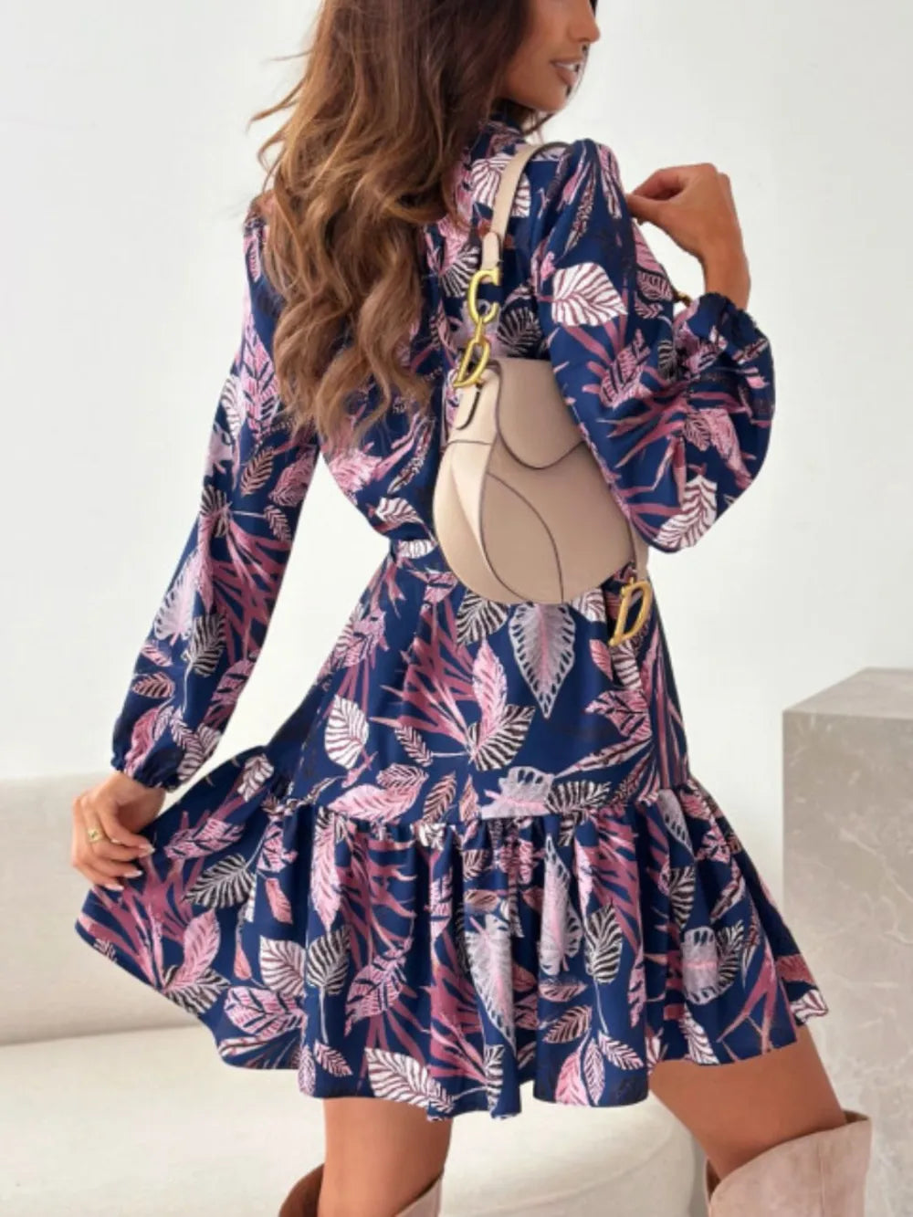 Ruffle Hem Floral Long Sleeve Dress by Belle Bijouix, navy with pink botanical print