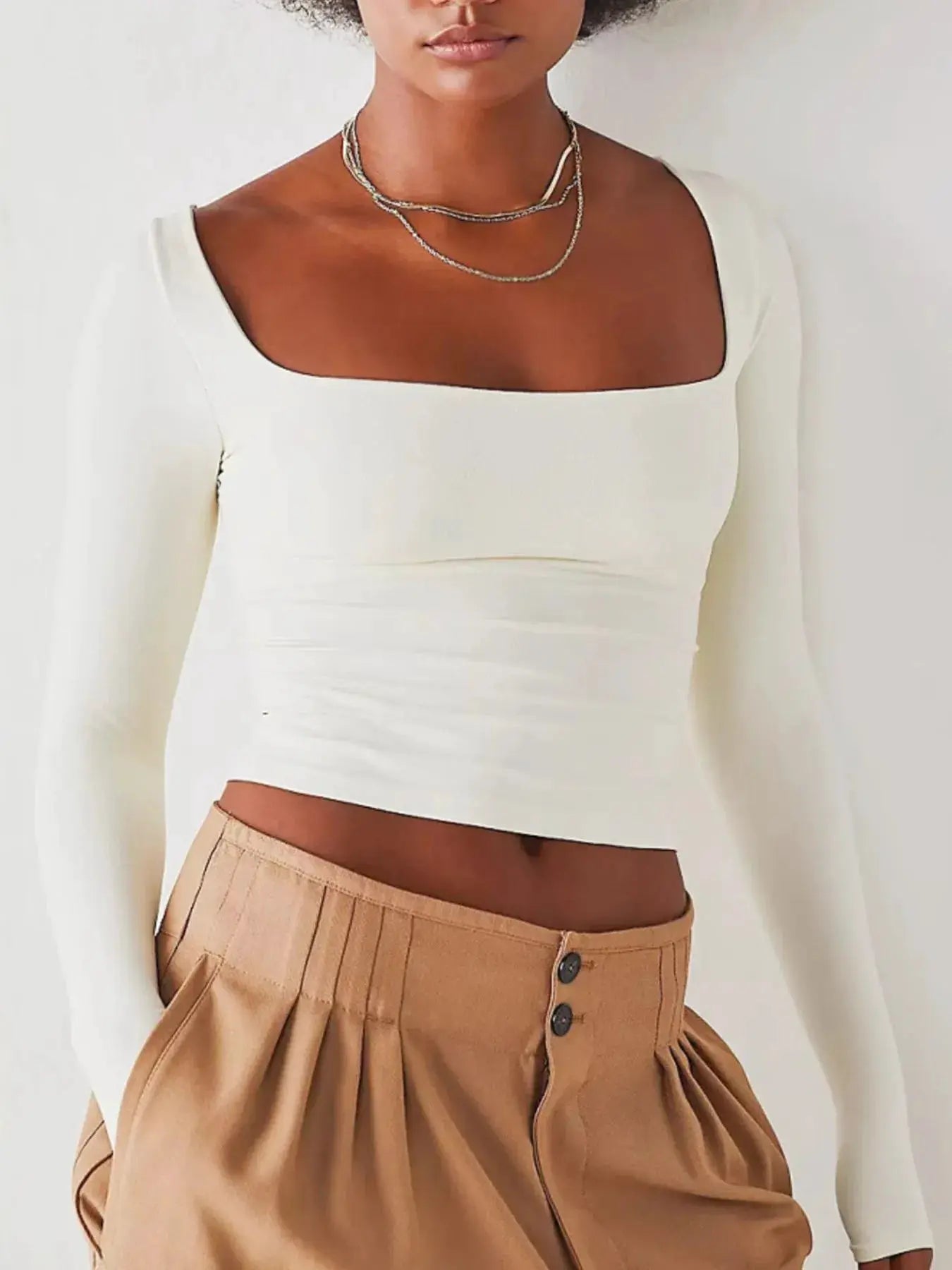 Belle Bijouix white square-neck fitted long-sleeve T-shirt