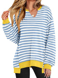Notched long sleeve oversized sweatshirt, blue-and-white stripes with yellow ribbed collar, cuffs, and hem