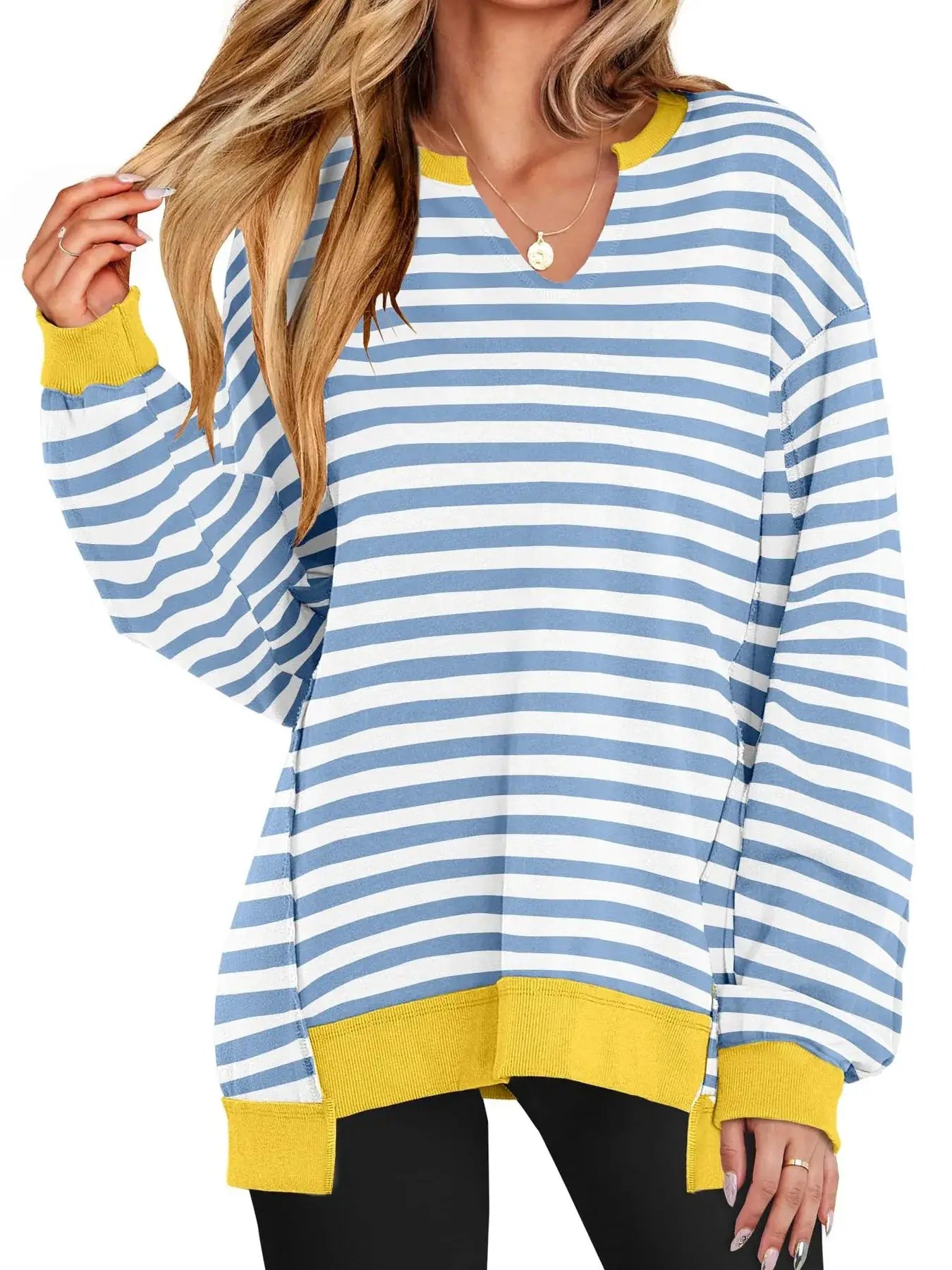 Notched long sleeve oversized sweatshirt, blue-and-white stripes with yellow ribbed collar, cuffs, and hem