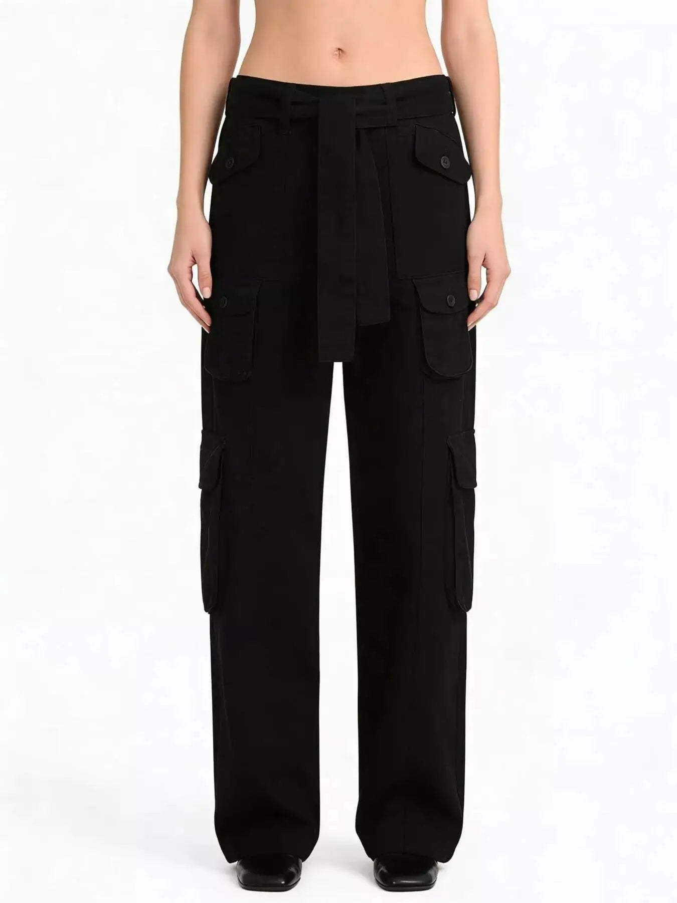 Wide Leg Cargo Jeans by Belle Bijouix, black with belt tie and multiple cargo pockets