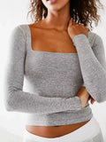 Square-neck fitted long-sleeve knit T-shirt in heather gray