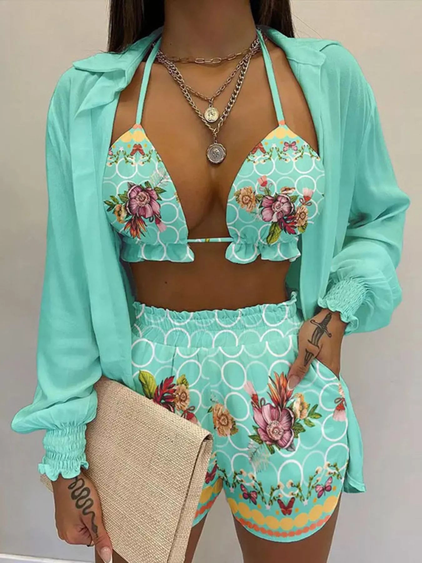 3-piece turquoise halter-neck cami, shirt, and floral shorts outfit set (plus size) Trendsi