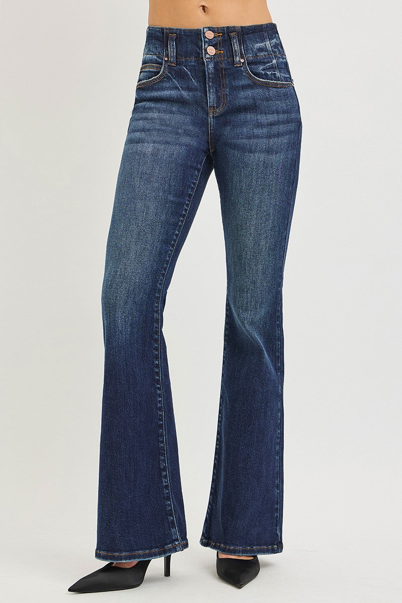 RISEN High Rise Flare Jeans With Seam Detail Waistband in dark indigo denim by Trendsi