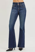 RISEN High Rise Flare Jeans With Seam Detail Waistband in dark indigo denim by Trendsi