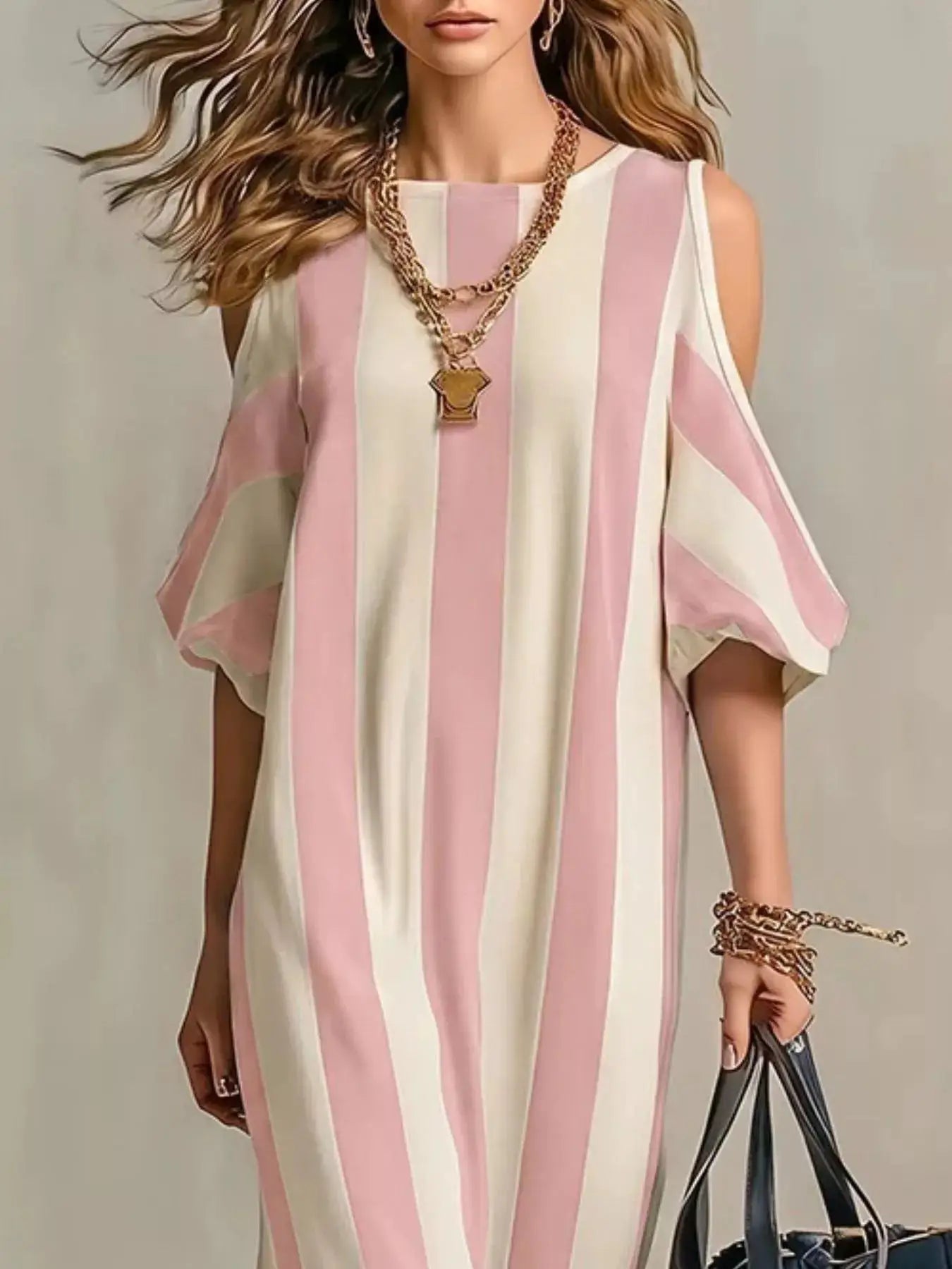 Striped cold-shoulder maxi dress in pink and cream with a flowing floor-length silhouette.