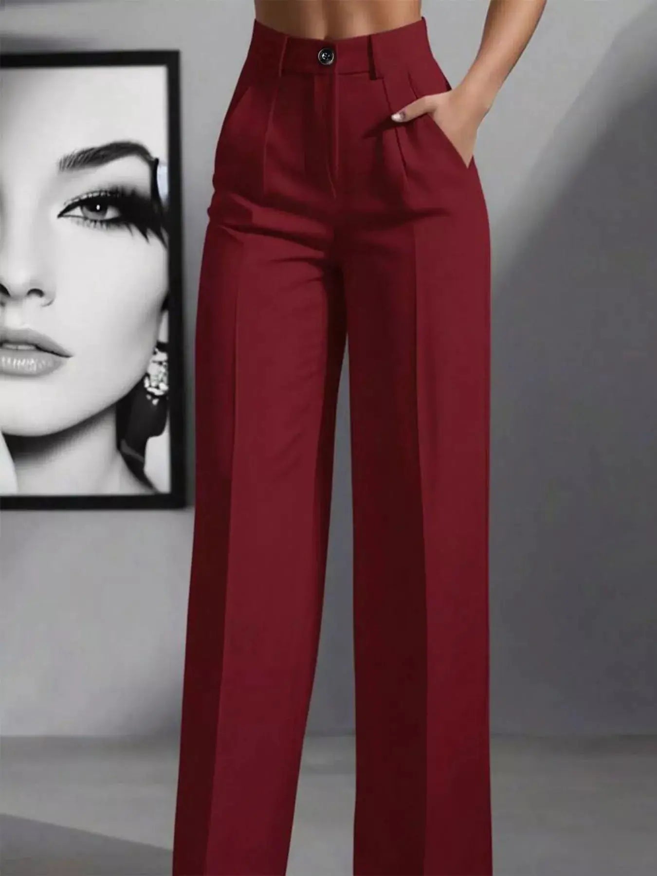 High-Waisted Wide-Leg Pants in burgundy with pockets and a buttoned waistband.