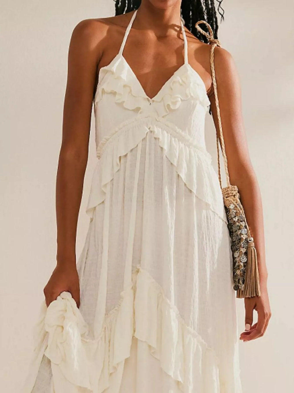 Ruffled Halter Neck Maxi Dress in white by Belle Bijouix with layered ruffles