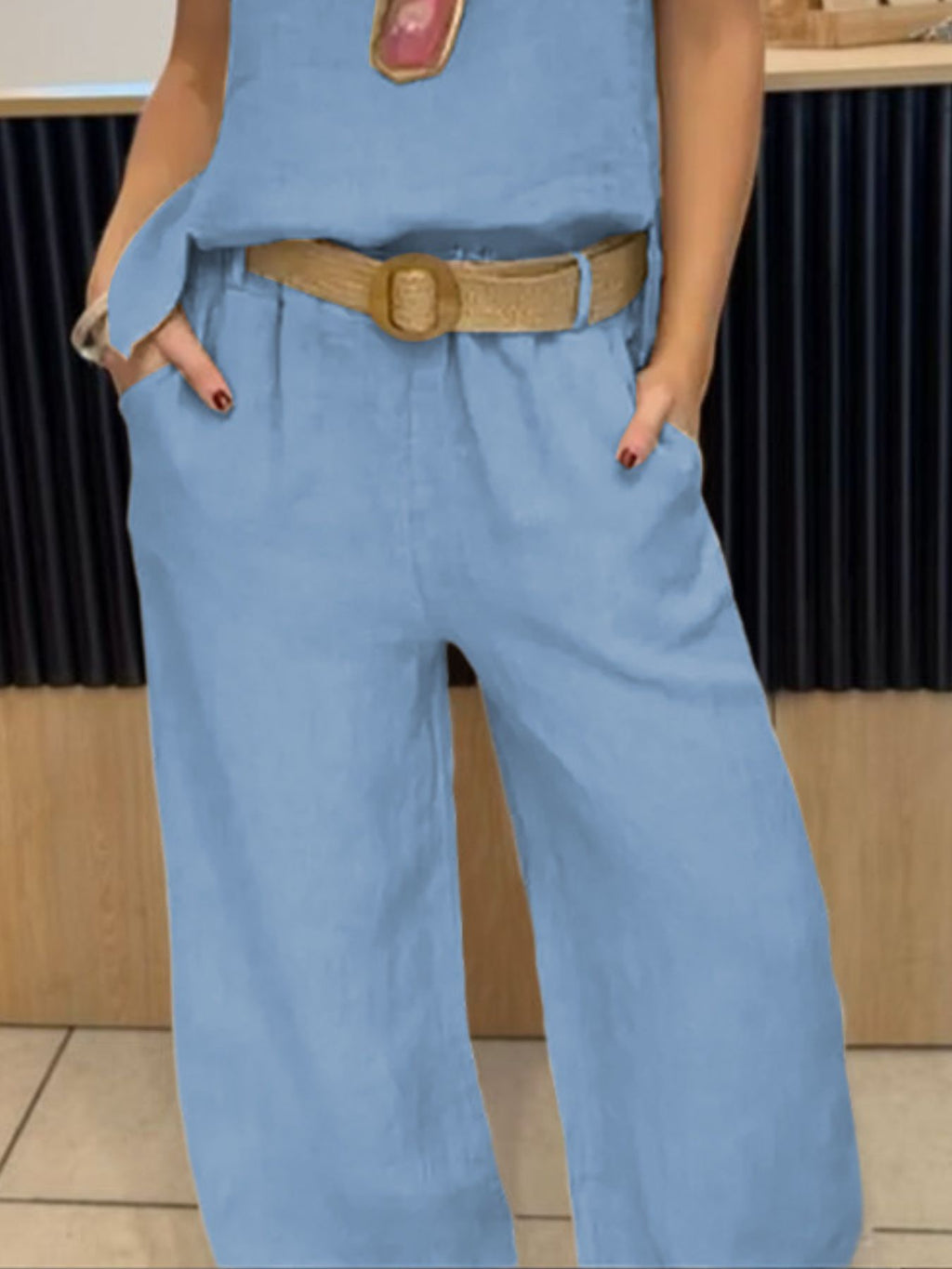 Full-size light-blue round-neck tank and pants set with a tan belt, plus size