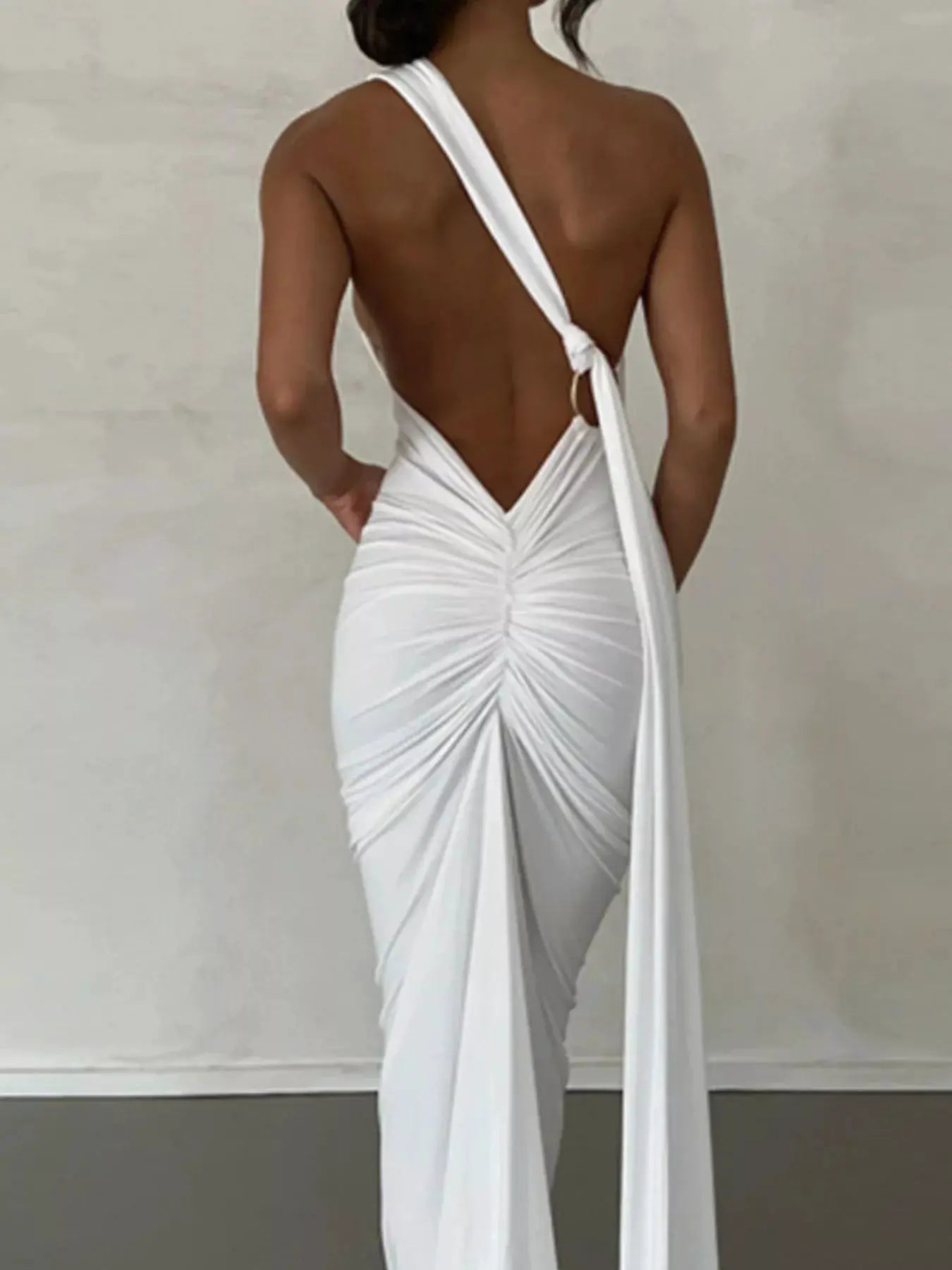 Backless One-Shoulder Ruched White Bodycon Maxi Dress with draped back panel
