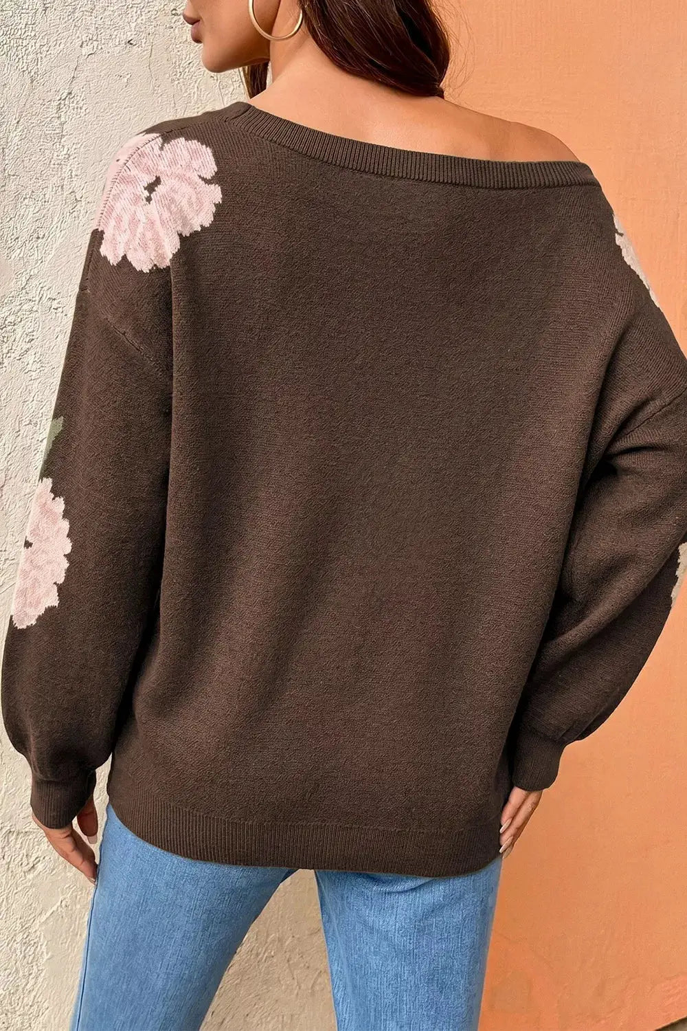 Floral Print Drop Shoulder Relaxed Sweater by Trendsi in brown knit with pink floral patches on shoulders