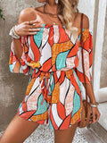 Bellebijouix off-shoulder romper with drawstring waist in orange, teal and white abstract print