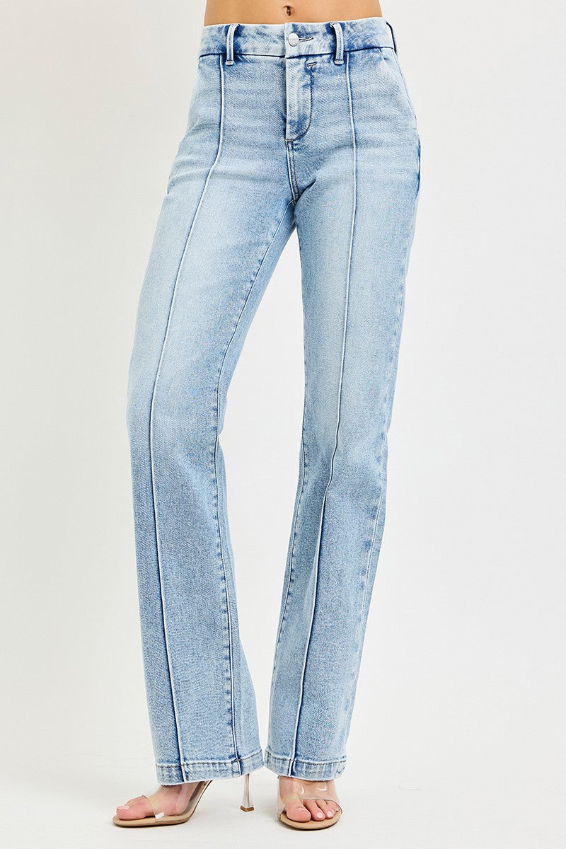 RISEN Tummy Control High Rise Straight Pin-Tuck Jeans in light-wash denim with front vertical seams