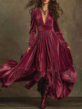Ruffled Hem Long Sleeve Dress in burgundy velvet by Belle Bijouix