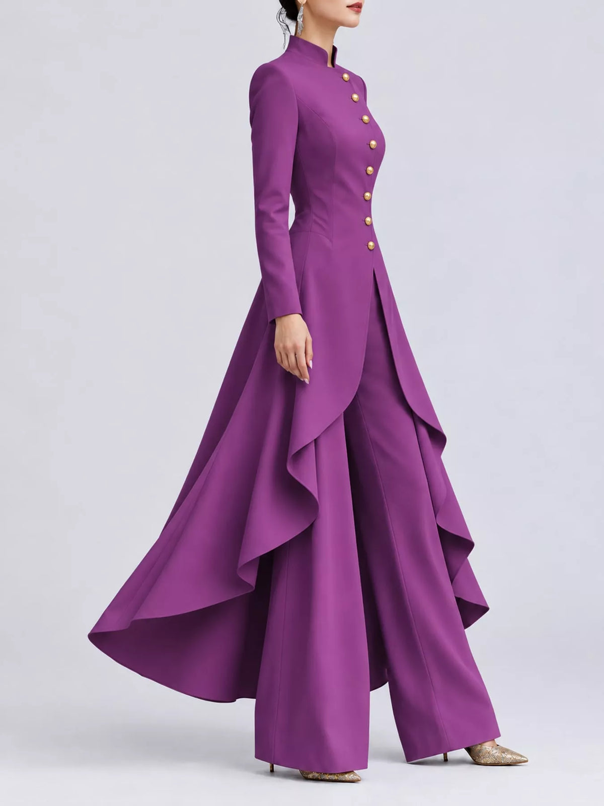 Ruffled High-Low Button Tunic & Wide-Leg Pants Set in Grape Purple by Belle Bijouix – view 74 of 82