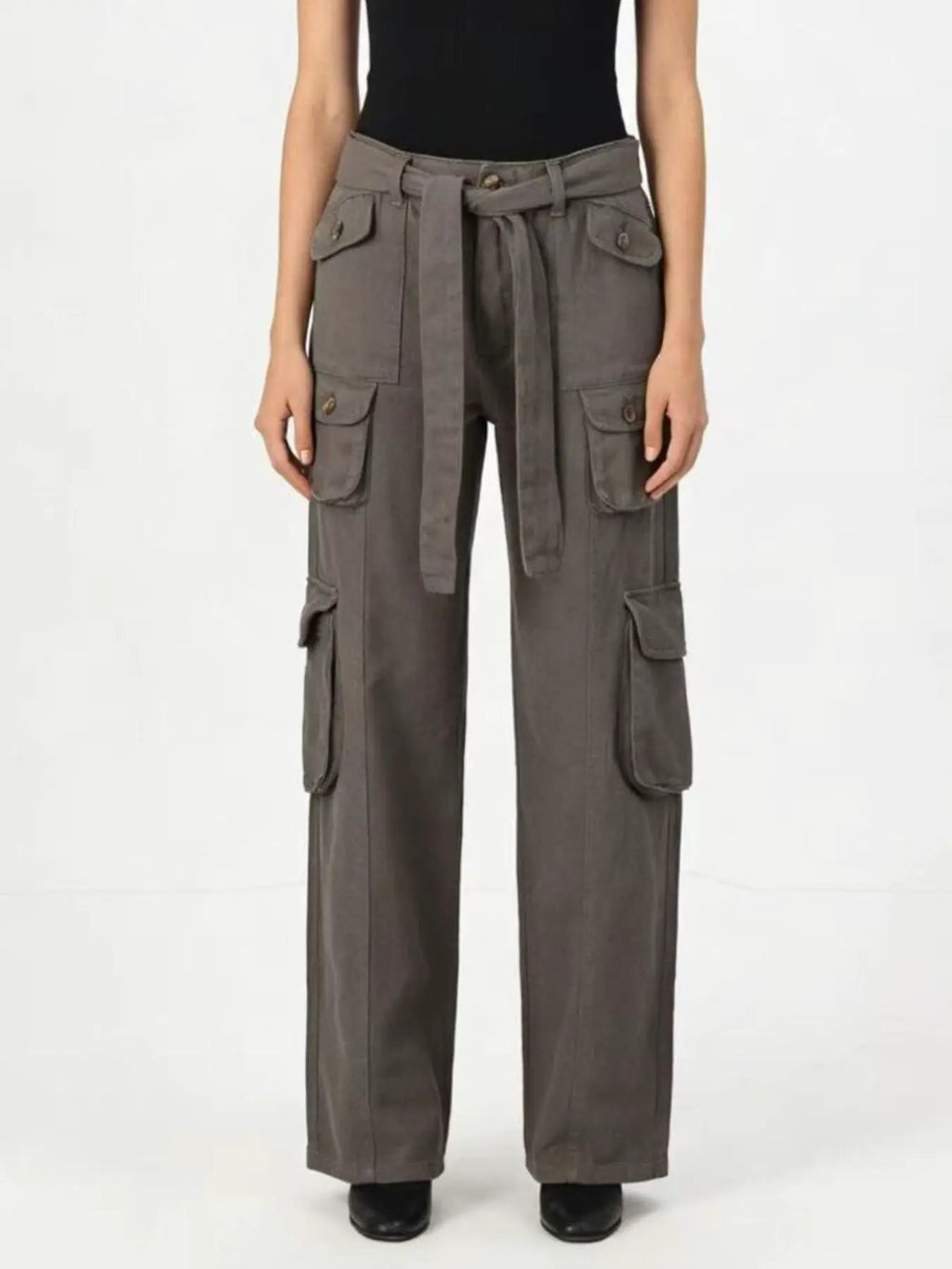 Belle Bijouix Wide Leg Cargo Jeans in gray with belt and cargo pockets