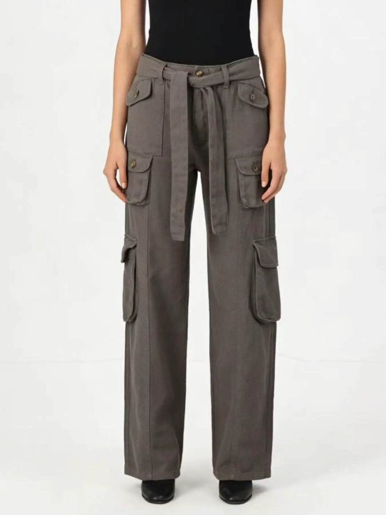 Belle Bijouix Wide Leg Cargo Jeans in gray with belt and cargo pockets