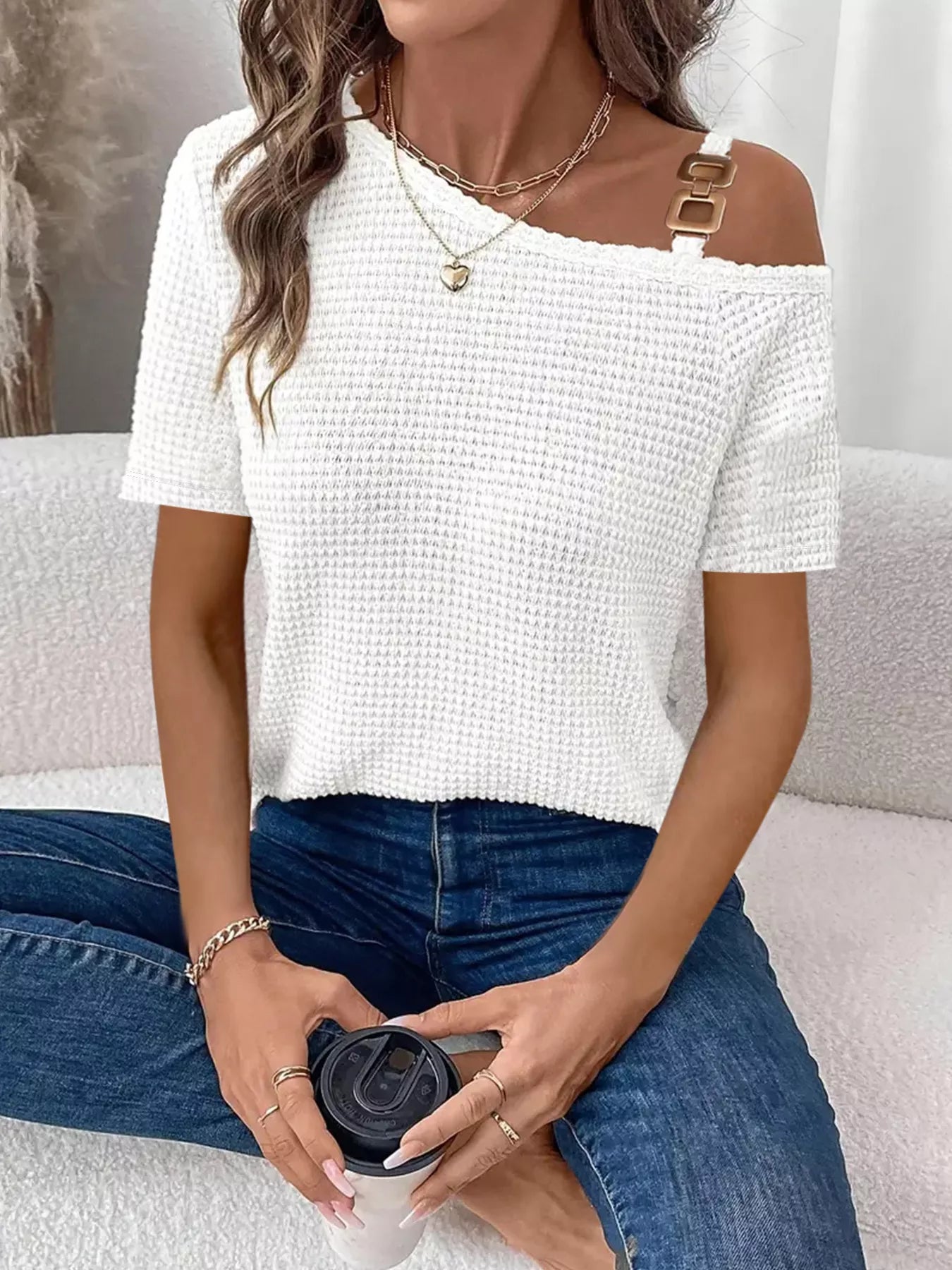 One-Shoulder Chain Detail Waffle Knit T-Shirt in white.