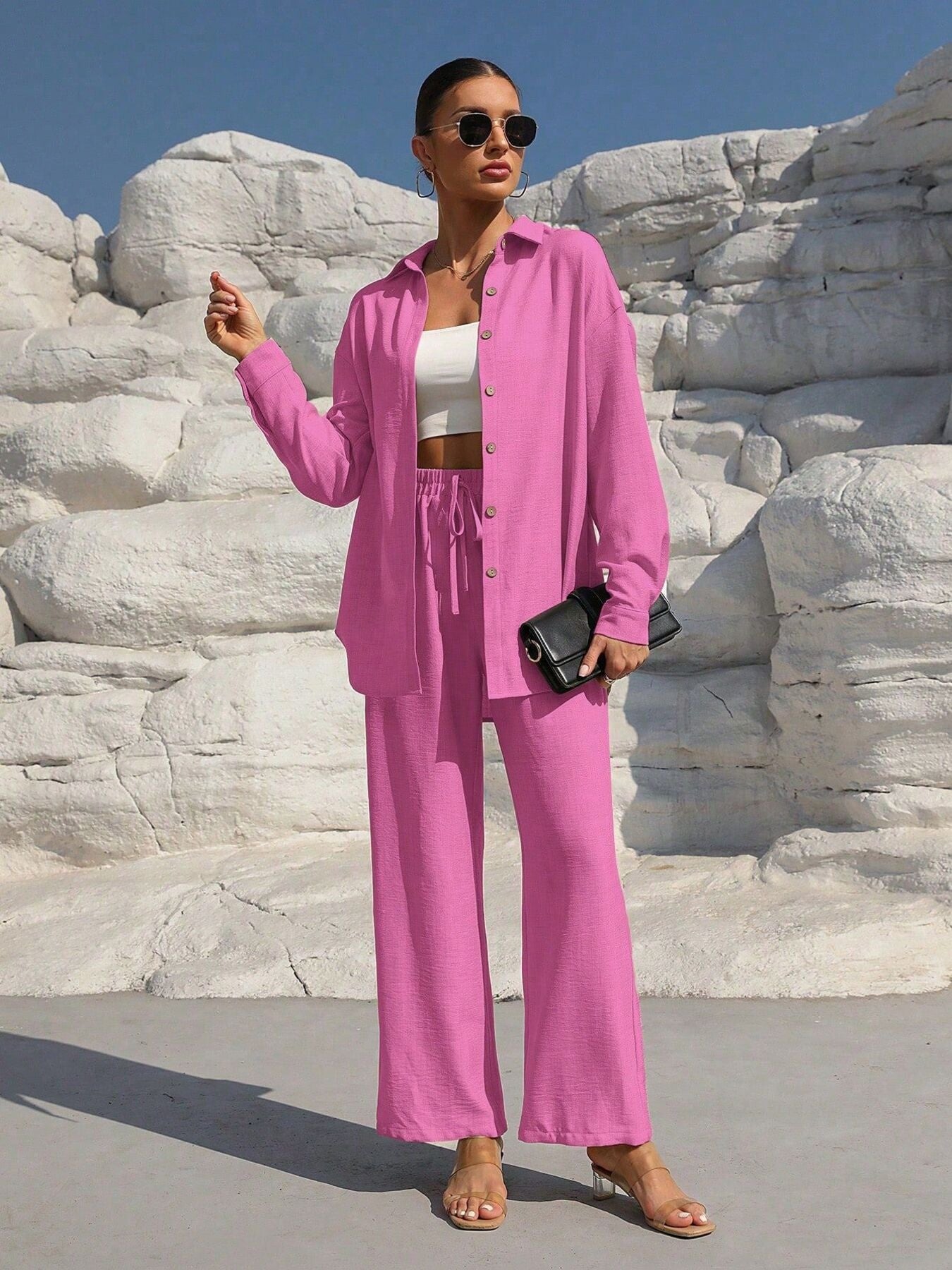 Button-Up Long Sleeve Shirt and Pants Set in bright pink